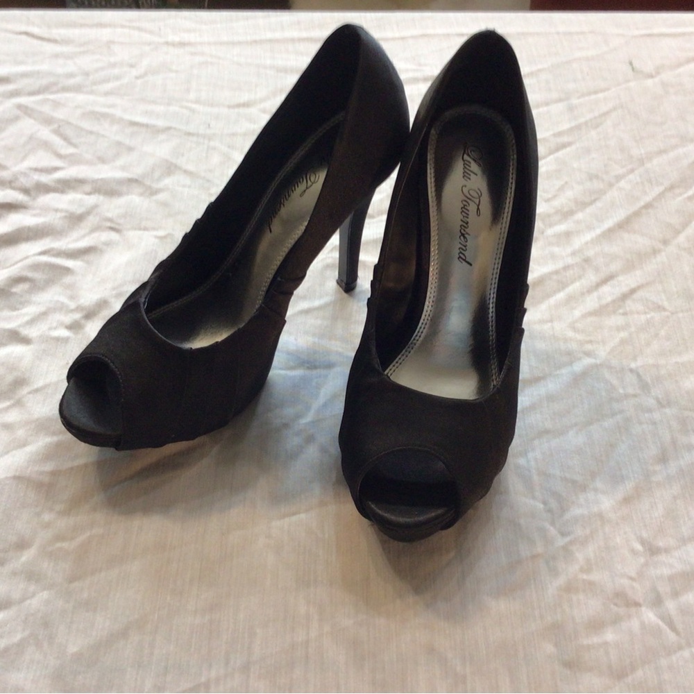 Lulu Townsend Black Platform Fabric Open Toe Heel Shoes Size 6.5